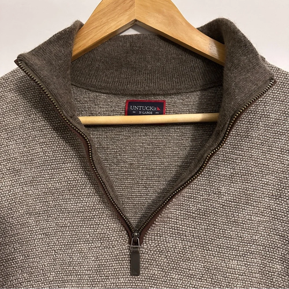 UNTUCKit Belguardo Quarter Zip Men‎ XL Brown Merino Wool Jacquard Sweater 41312
